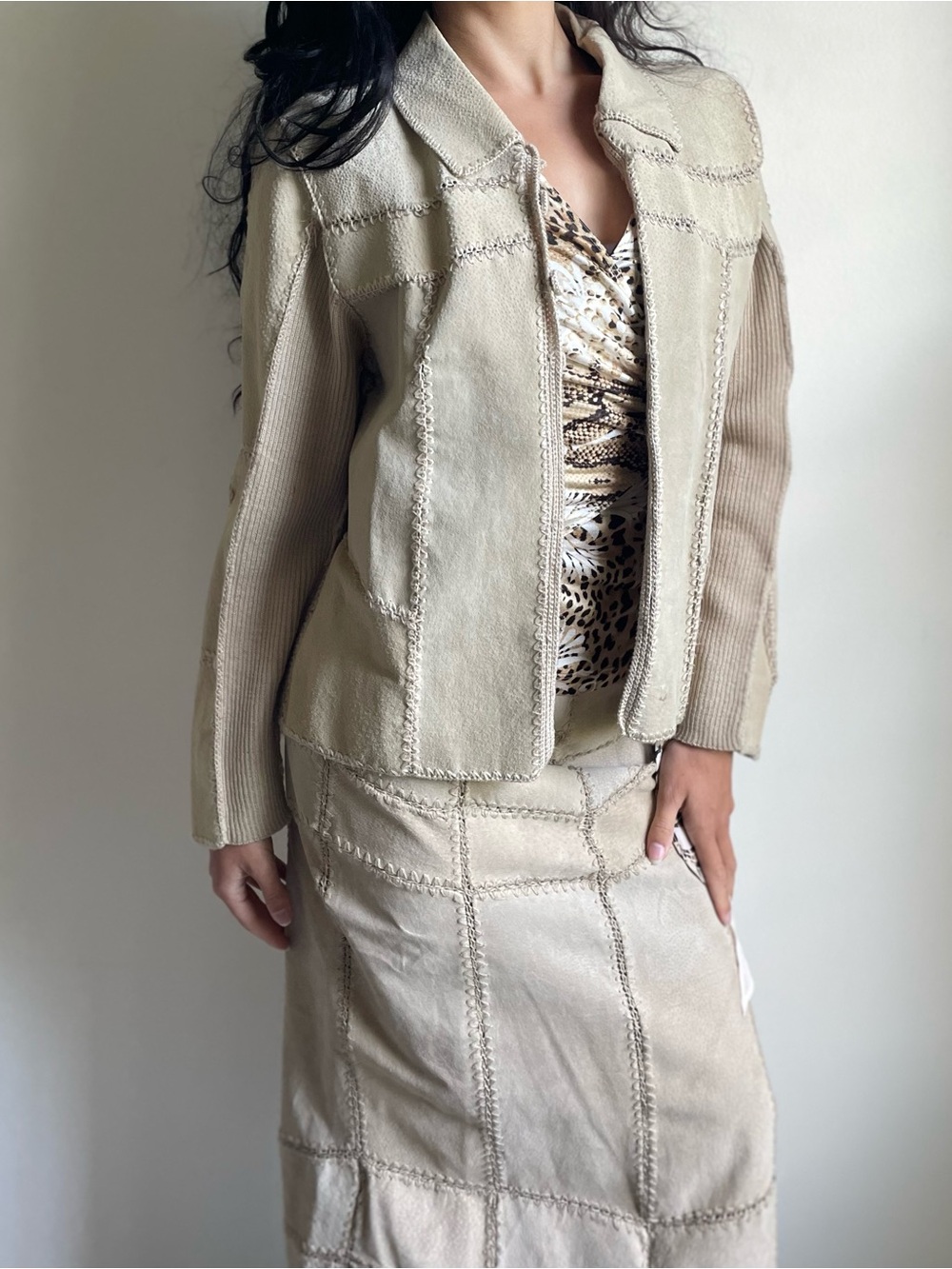 Selene Vintage Patchwork Leather Jacket and Skirt Set